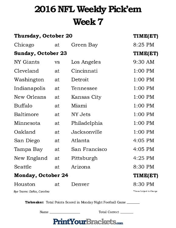 Printable Week 7 NFL Schedule Pick Em Sheets Printable Nfl Schedule 