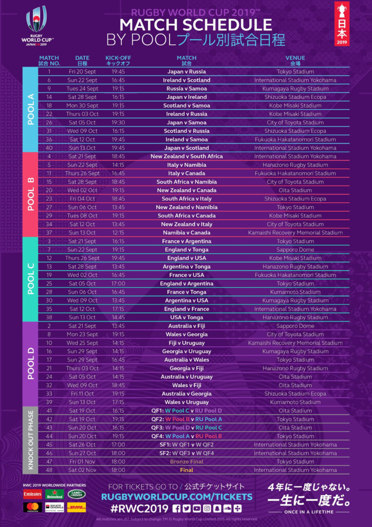 RWC 2019 Match Schedule Rugby World Cup Rugby World Cup Rugby