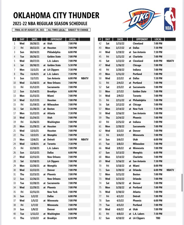 Thunder Release 2021 22 Regular Season Schedule Welcome To Loud City