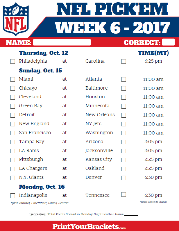 Week 6 NFL Schedule In Mountain Time Zone Nfl Nfl Weekly Picks Nfl Week